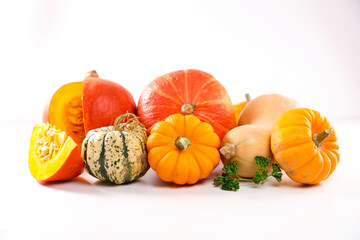 pumpkins and squash isolated on white background