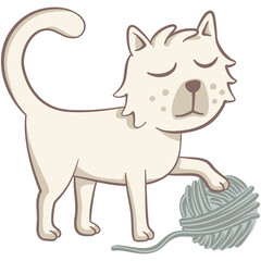 White cat playing with a ball of wool. Cute illustration of a cat holding a ball of yarn with its paw. Vector illustration on white background.