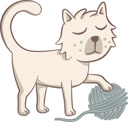 White cat playing with a ball of wool. Cute illustration of a cat holding a ball of yarn with its paw. Vector illustration on white background.
