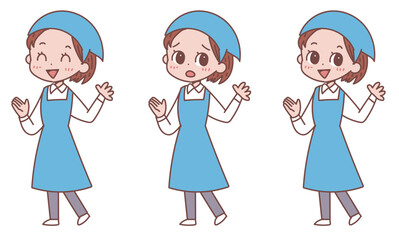 三角巾エプロンの女性　表情バリエーション