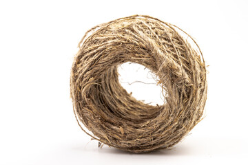 Jute twine isolated on white background. hank of twine close-up.