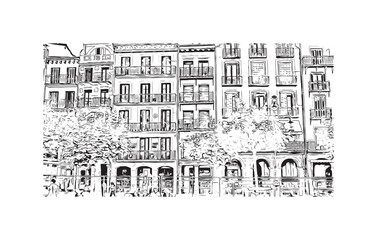 Building view with landmark of Pamplona is the 
city in Spain. Hand drawn sketch illustration in vector.