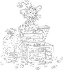 Happy little witch with a burning candle checking a safety of her priceless treasures and gold coins in an old wooden chest in her dusty storeroom, black and white vector cartoon