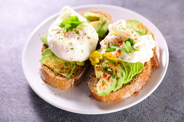 bread toast with avocado and poached egg