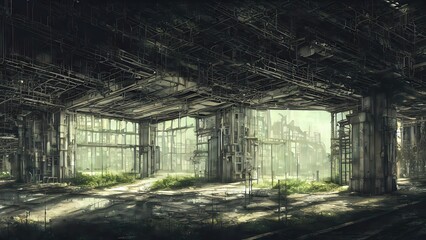 Naklejka na ściany i meble Abandoned plant overgrown with vegetation. concept art, interior.