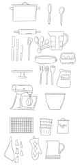 Cooking line set illustration. Boiling time, Frying pan and Kitchen utensils. Fork, spoon and knife line icons. Cooking book, frying time, hot pan. Baking time