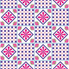 Fototapeta premium Abstract Modern Geometric Floral Moroccan Style Tile Pattern Oriental Azulejos Traditional Decoration Ceramic Seamless Design Trendy Fashion Colors Perfect for Allover Fabric Print
