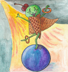 watercolor illustration of funny ice cream circus girl on the ball