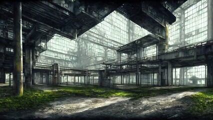 Abandoned plant overgrown with vegetation. concept art, interior.