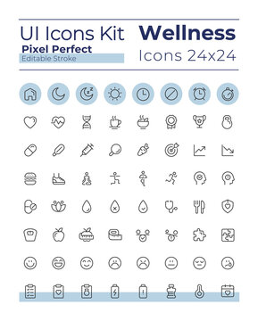 Health and wellness pixel perfect linear ui icons set. Lifestyle. Physical and mental wellbeing. Outline isolated user interface elements. Editable stroke. Montserrat Bold, Light fonts used