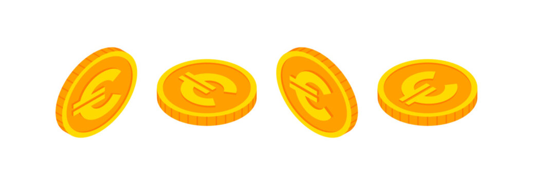 Isometric Gold Coins Set With Euro Sign. 3d Cash, Euro Currency, Game Coin, Banking Or Casino Money Symbol For Web, Apps, Design. European Currency Exchange Icon Vector Icon