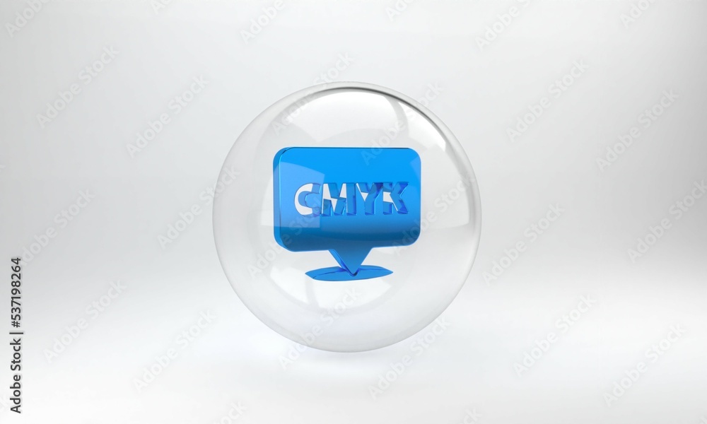 Poster blue speech bubble with text cmyk icon isolated on grey background. glass circle button. 3d render i