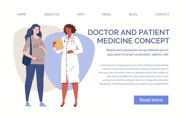 Pregnant woman visits doctor. Monitoring of maternal and fetal health. Prenatal care and gynecology. Website, template, landing page Vector characters flat illustration.