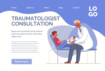 Traumatology examines and bandages child's broken leg, treatment in hospital. Vector characters flat cartoon illustration. Web template, landing page, website.