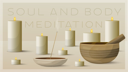 Illustration about meditation, yoga studio, relaxation spa procedures.  Meditative background in beige colors. Tibetan singing bowl, candles