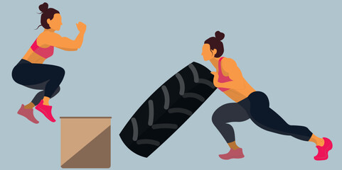 Women doing crossfit, circuit, functional training. Woman jumping on the box and lift up a wheel. Vector illustration.