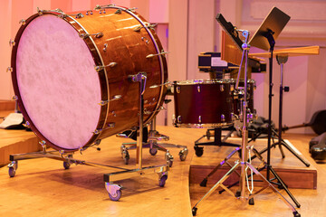 Fototapeta na wymiar Drum kit on the big stage.Drums under the spotlights.Drums.Timpani on stage