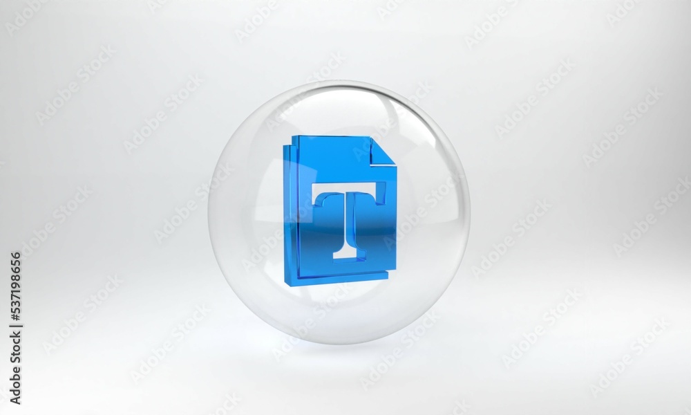 Poster blue text file document icon isolated on grey background. glass circle button. 3d render illustratio