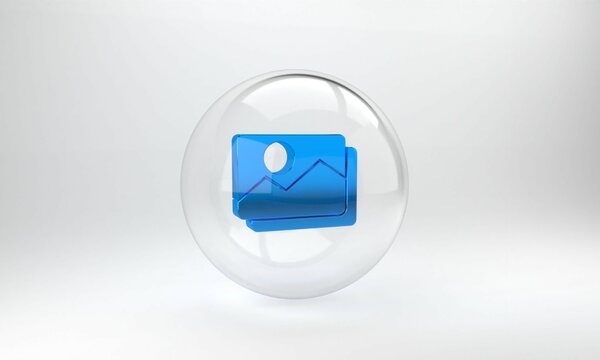 Blue Picture landscape icon isolated on grey background. Glass circle button. 3D render illustration