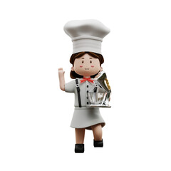 3d rendering female chef holding shaker wire
