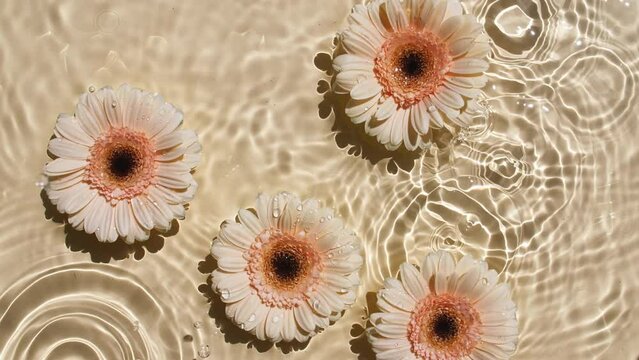 Sunflower flowers, gerbera petals flowers on water surface with drops. Water splash yellow colored. Pure water with reflections sunlight and shadows. Valentines day texture. High quality 4k footage