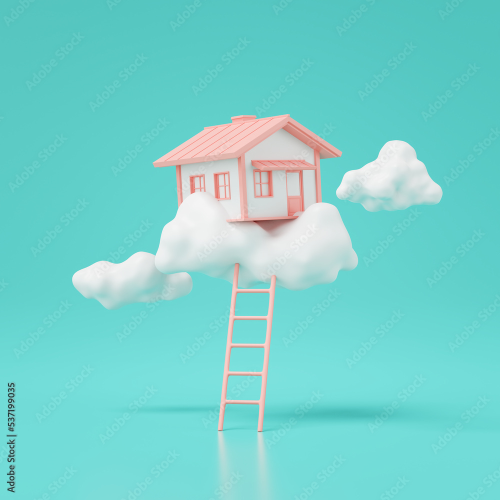 Poster 3d render of dream house on the clouds with ladder isolated on green.