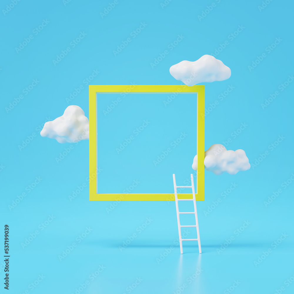 Poster 3d render of clouds and square frame with ladder  isolated on blue background.