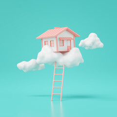 3d render of dream house on the clouds with ladder isolated on green. - 537199035