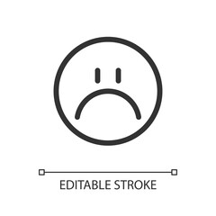Sad emoji pixel perfect linear ui icon. Feelings expression. Feedback. Unsatisfied client. GUI, UX design. Outline isolated user interface element for app and web. Editable stroke. Arial font used