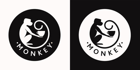 Monkey with a cup of coffee or tea. Logo or badge for coffee shops and cafes. Vector illustration. Special logo