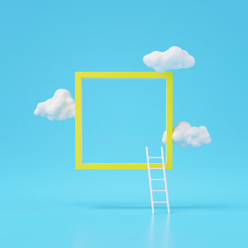 3d render of clouds and square frame with ladder  isolated on blue background.