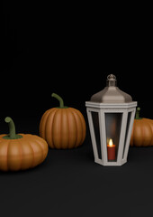 Black, dark gray, black and white 3D illustration autumn fall Halloween themed product display podium stand background wallpaper pumpkins and lantern with candle inside vertical product photography