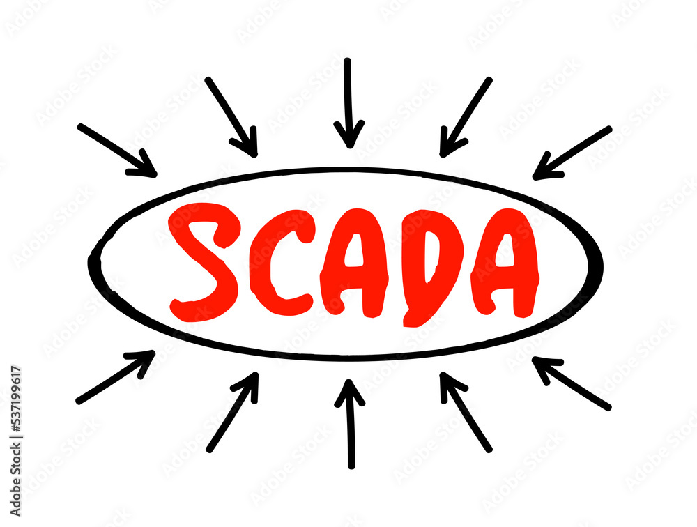 Aufkleber scada - supervisory control and data acquisition acronym text with arrows, technology concept backgr