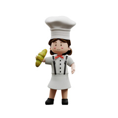 3d rendering female chef holding a bread
