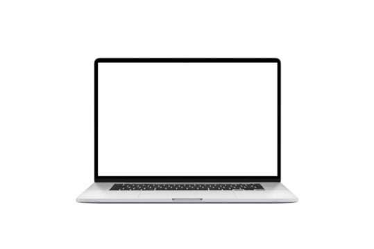Modern laptop with thin display edges in front desk position. Isolated PNG transparent background and display