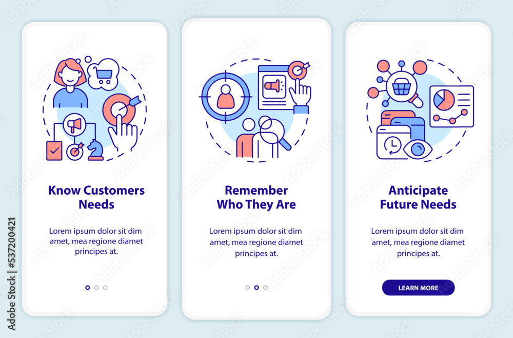 Poster marketing personalization strategies onboarding mobile app screen. walkthrough 3 steps editable grap