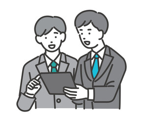 DX推進でタブレットを持って顧客に説明するビジネスマンのベクターイラスト素材／スーツ／効率化