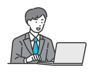 DX推進でパソコンを操作するビジネスマンのベクターイラスト素材／会社／IT／スーツ／効率化