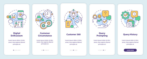 Principles of personalization onboarding mobile app screen. Marketing walkthrough 5 steps editable graphic instructions with linear concepts. UI, UX, GUI template. Myriad Pro-Bold, Regular fonts used
