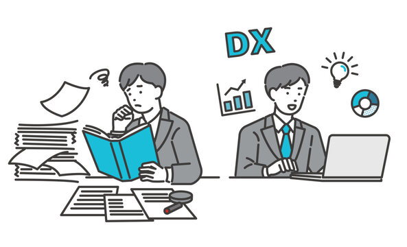 DX化で業務の効率化が進んだビジネスマンのベクターイラスト素材／ビジネスパーソン／IT／スーツ／DX／コンサルティング／セット