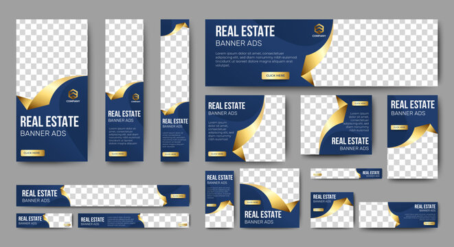 Real Estate Web Banners Template Design Set. Luxury Gold Horizontal, Vertical, Header, Square Background For Website Ads, Social Media Banner, Flyer Cover, And Invitation Card