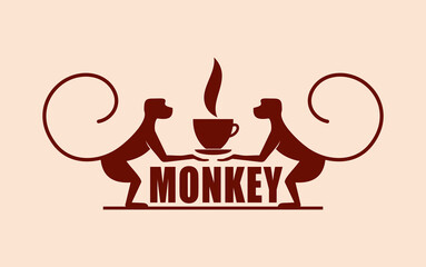 Monkey with a cup of coffee or tea. Logo or badge for coffee shops and cafes. Vector illustration. Special logo