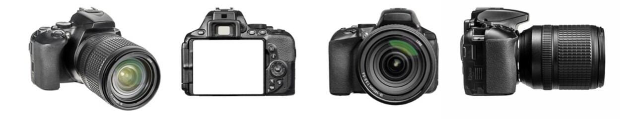Collection of DSLR photo cameras with zoom lens in various angles isolated on a white background.