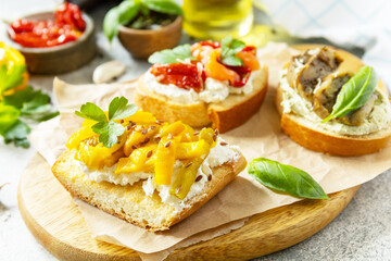 Open sandwiches set with salted salmon, sun dried tomato, grill aubergine, grill bulgarian pepper and cream cheese on a stone table. Healthy food, vegetarian appetizer.