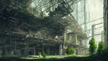 Abandoned plant overgrown with vegetation. concept art, interior.