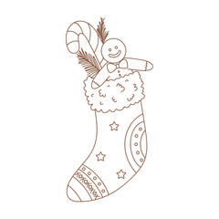 Coloring page outline of Christmas stocking and gifts. Outlined sock, gingerbread man cookie, candy cane and spruce branch . Coloring vector book antistress for adult and kids.