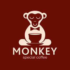 Monkey with a cup of coffee or tea. Logo or badge for coffee shops and cafes. Vector illustration. Special logo