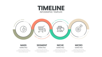 Fototapeta premium Business project timelines diagrams layout template for slide presentation. Customer journey maps infographic. Creative company timeline processes with 4 options icons. Modern simple workflow vector.