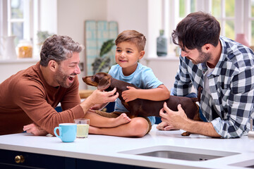 Same Sex Male Family With Son And Pet Dachshund Sitting On Counter In Kitchen At Home