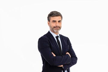 Businessman with arms crossed on white background	